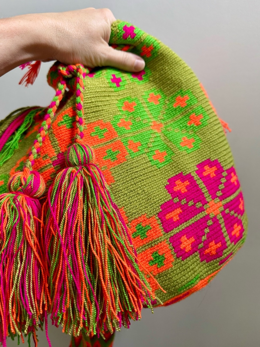 Colombian Wayuu Mochila Crossbody Bag | Green & Neon Pink Knit (Handwoven Boho) - Picture 14 of 17